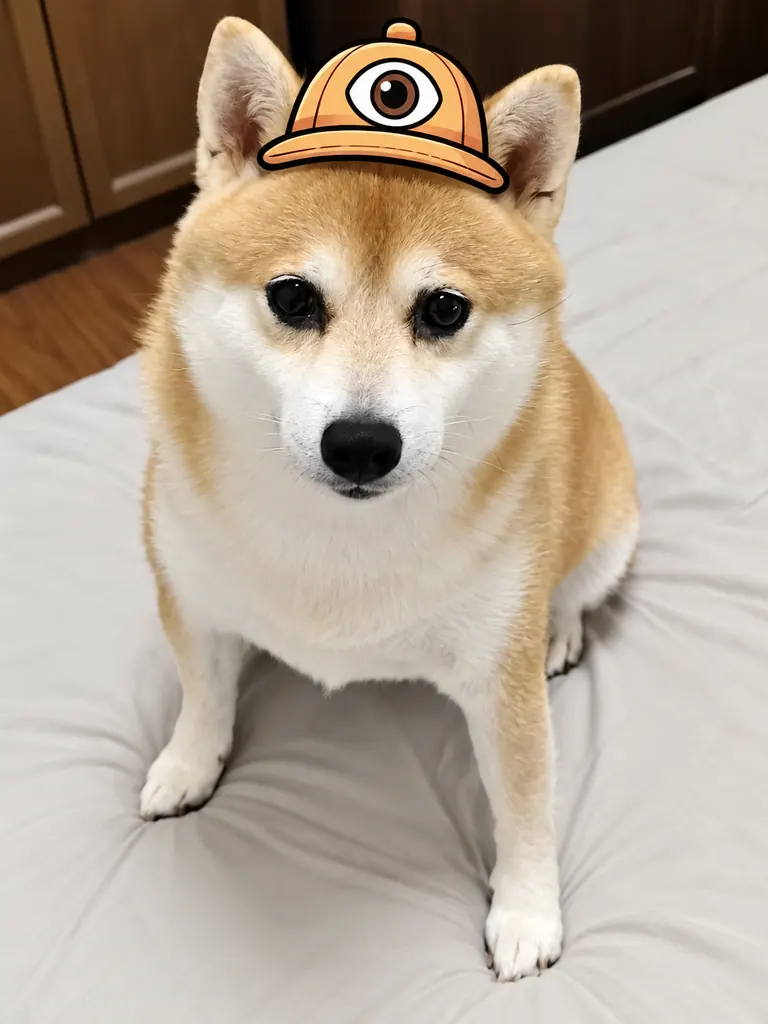 独眼多多：戴着橙色独眼帽的柴犬，全身与脚爪完整入镜。